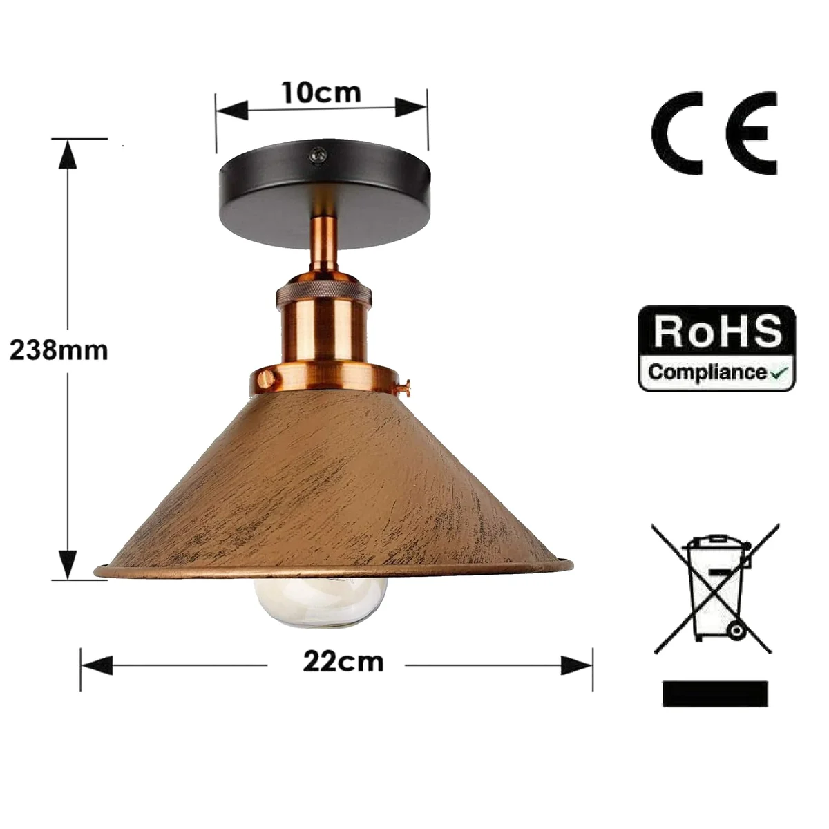 Semi flush mount light with vintage metal cone shade in metallic finish, perfect for indoor ceiling installation