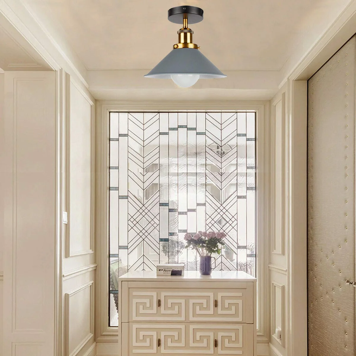 Vintage style E27 bulb ceiling light with metallic cone shade semi flush mount fixture on white ceiling background