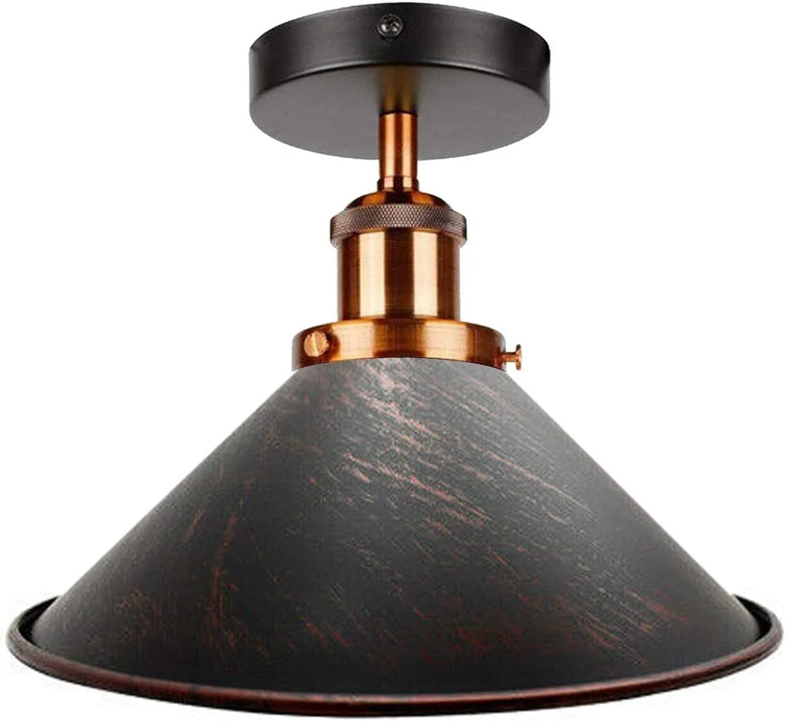Vintage-style dimmable ceiling light with metallic cone shade and ceiling rose, ideal for indoor living spaces and bedrooms