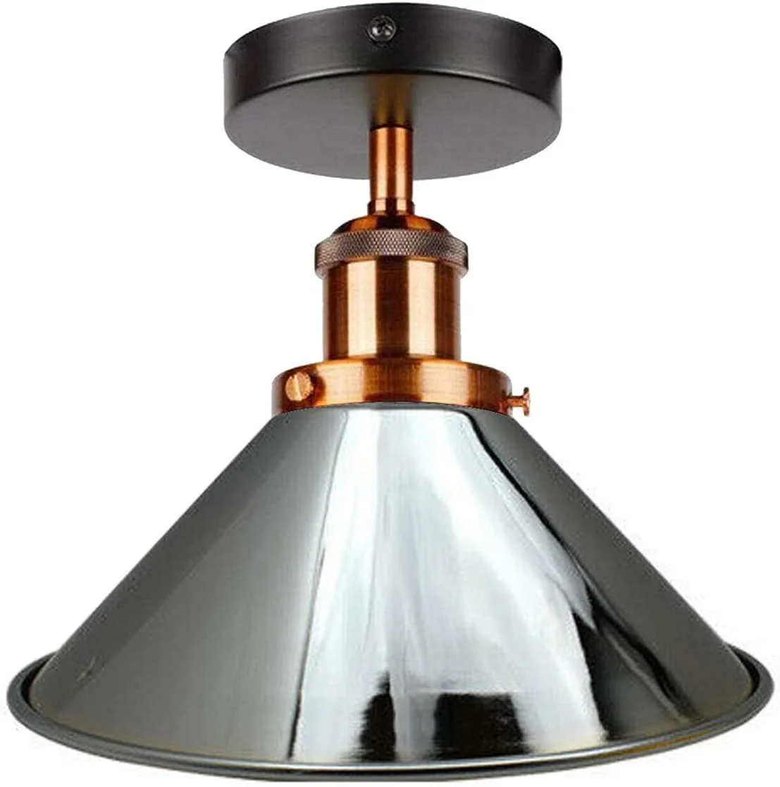 Vintage style metal cone shade light semi flush mount ceiling fixture with metallic finish and dimmable feature