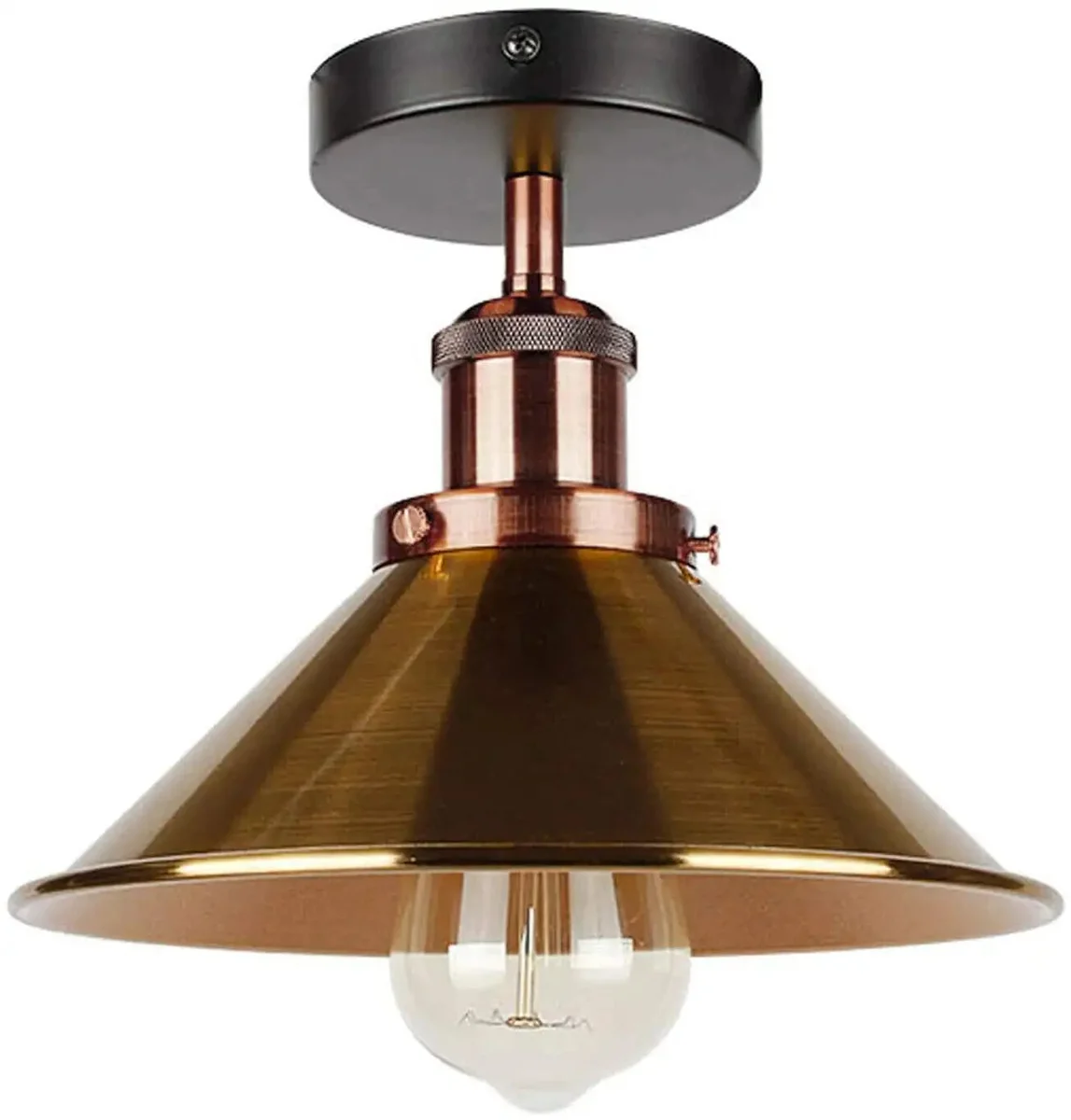 Vintage ceiling light with metallic cone shade semi flush mount, ideal for dining room or bedroom ambiance lighting