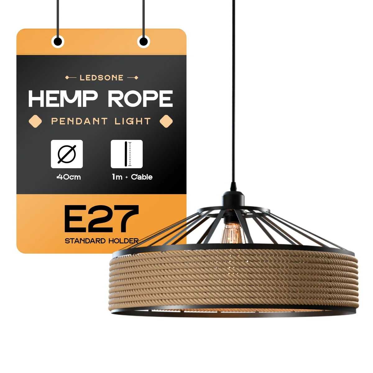 Vintage industrial hemp rope pendant lamp with black iron cage and adjustable 95cm cable hanging against white background