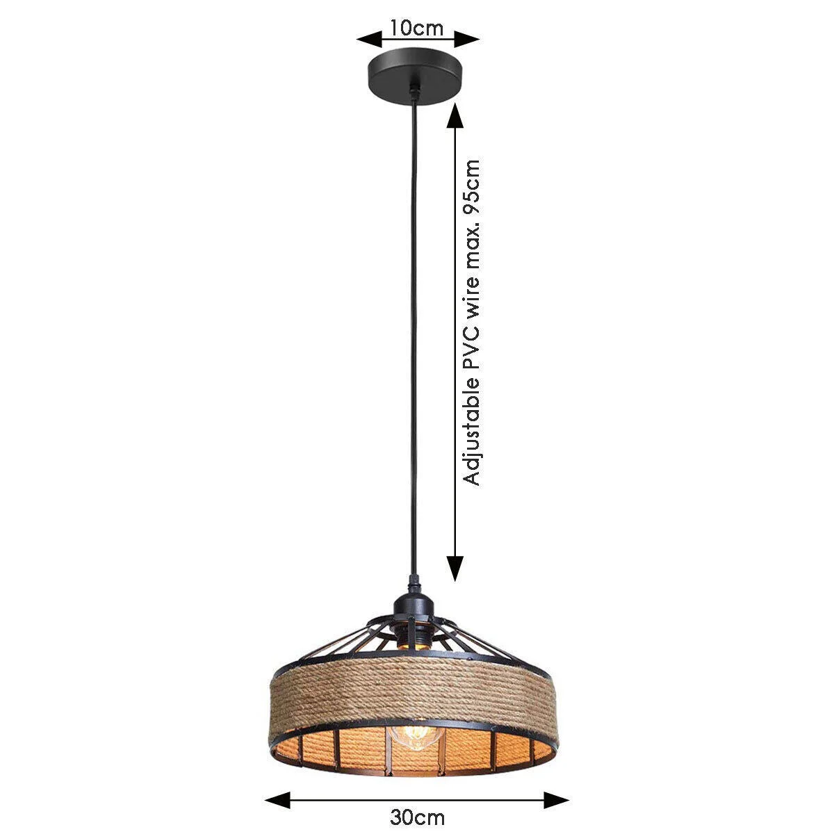 Vintage industrial pendant light with black iron cage and hand-wrapped natural hemp rope, adjustable 95cm cable