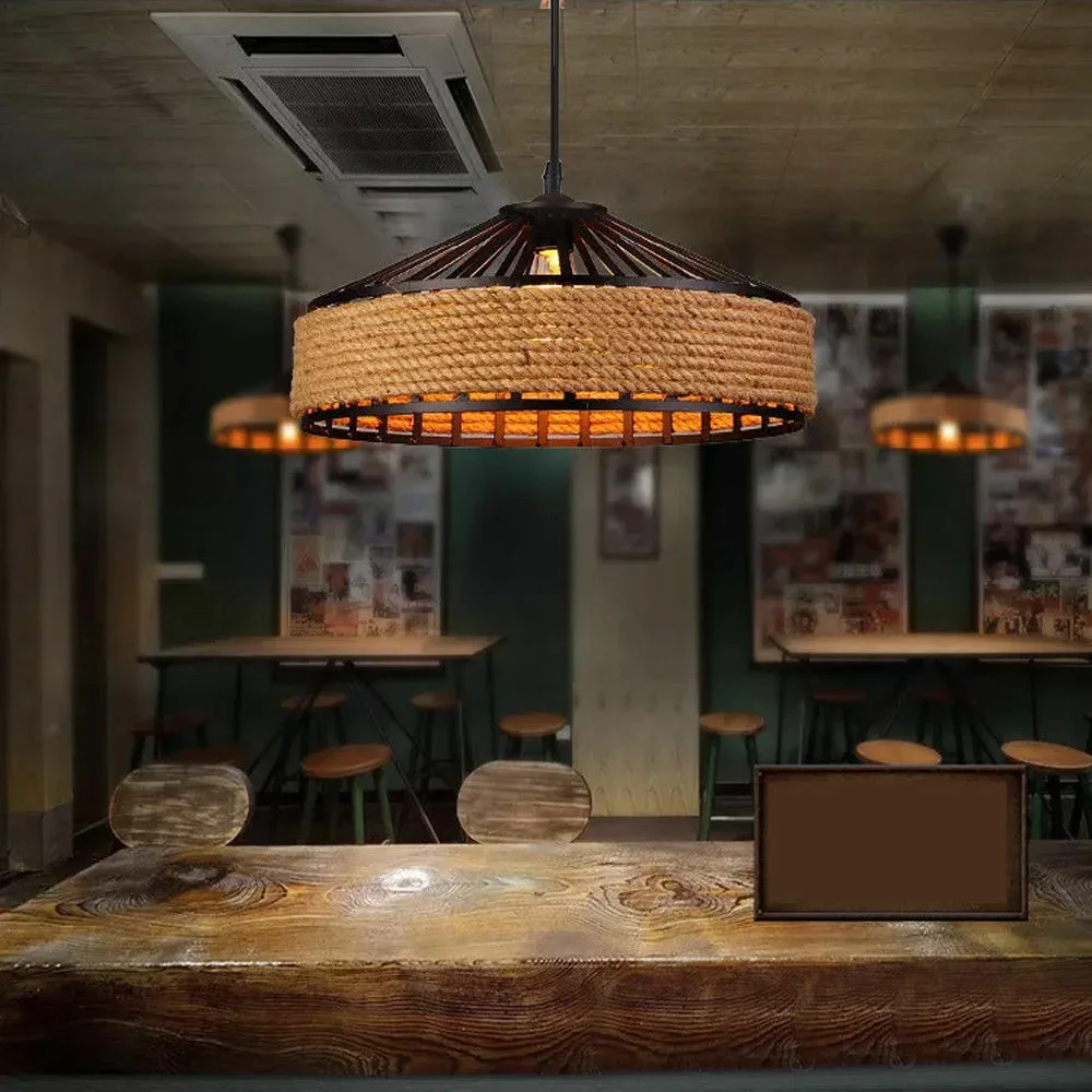 Vintage industrial E27 pendant light with iron cage and hand-wrapped hemp rope, adjustable 95cm cable hanging length