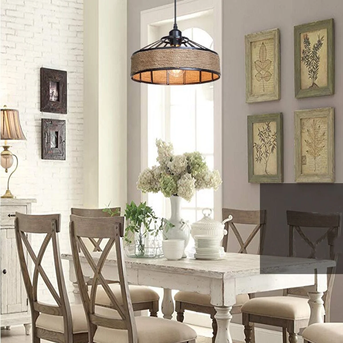 Vintage rope light with black iron cage and hand-wrapped hemp rope, adjustable 95cm cable, E27 bulb fitting