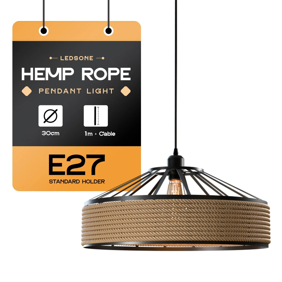Vintage industrial hemp rope pendant lamp with black iron cage and adjustable 95cm cable hanging against white background