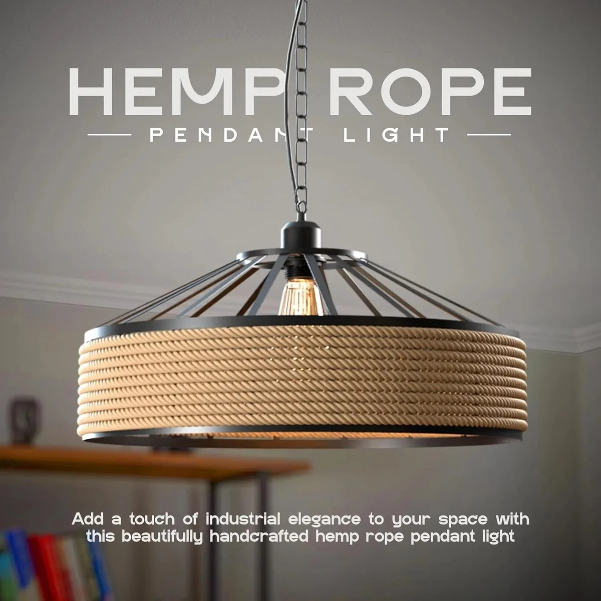Vintage industrial hemp rope pendant lamp with black iron cage and adjustable 95cm cable hanging against white background