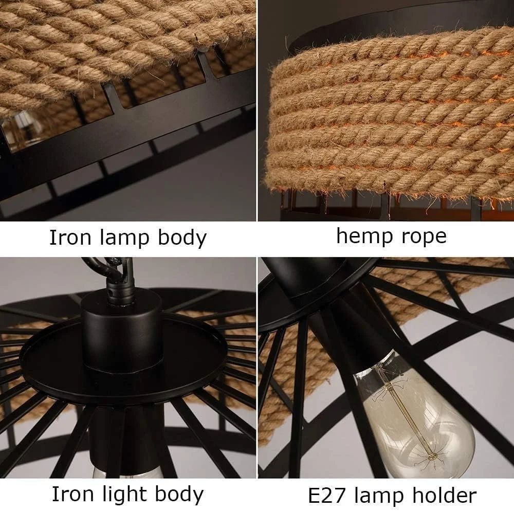 Vintage industrial hemp rope pendant lamp with black iron cage and adjustable 95cm cable hanging against white background