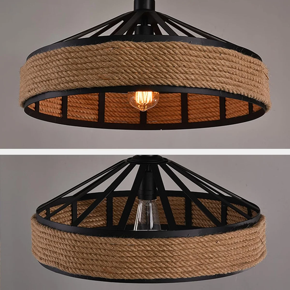 Vintage industrial hemp rope pendant lamp with black iron cage and adjustable 95cm PVC cable hanging against white background