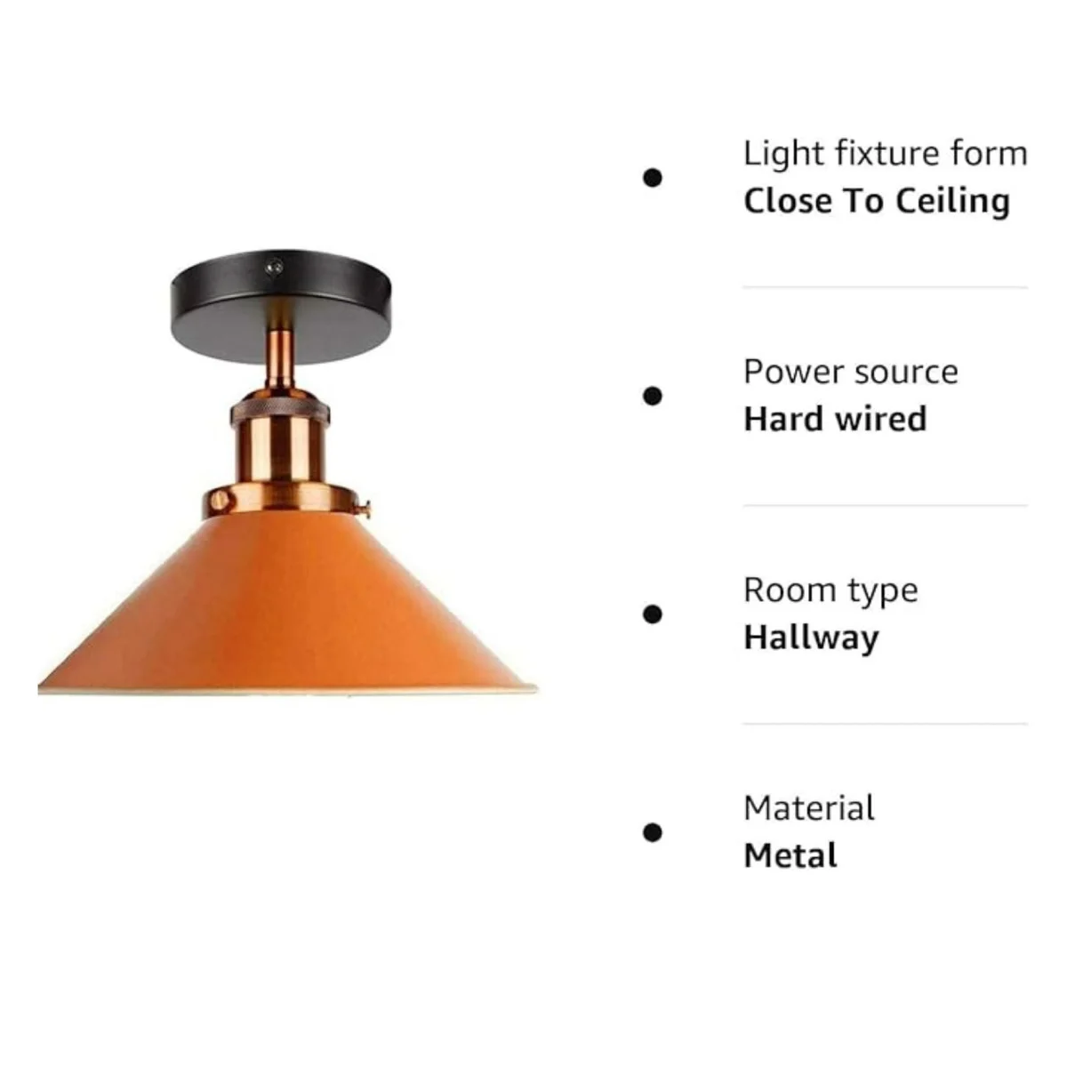 Orange metal cone ceiling light with copper holder and black ceiling rose in a flush mount style against white background