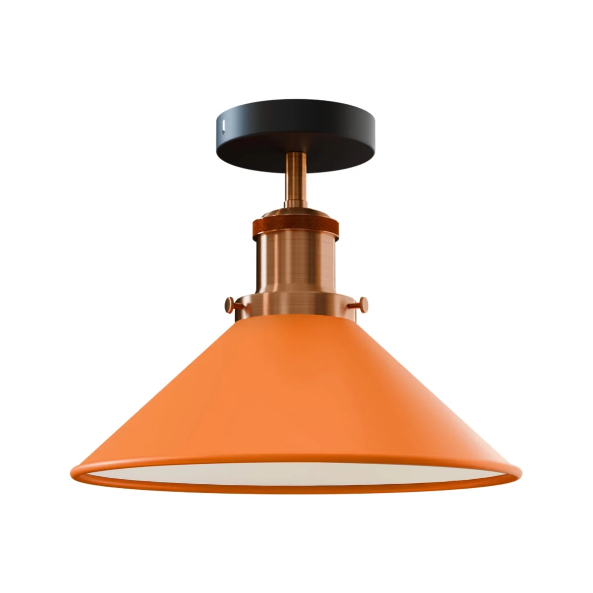 Vintage metal cone E27 bulb ceiling light in orange with black ceiling rose, flush mount design for indoor use