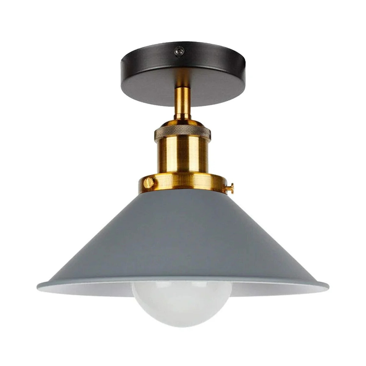 Rust resistant ceiling light with orange metal cone shade and black ceiling rose, flush mount design for indoor use