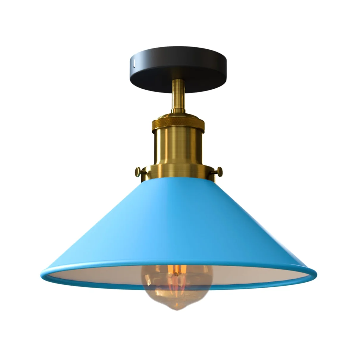 Vintage ceiling light with orange metal cone shade, copper holder, and black ceiling rose in flush mount design