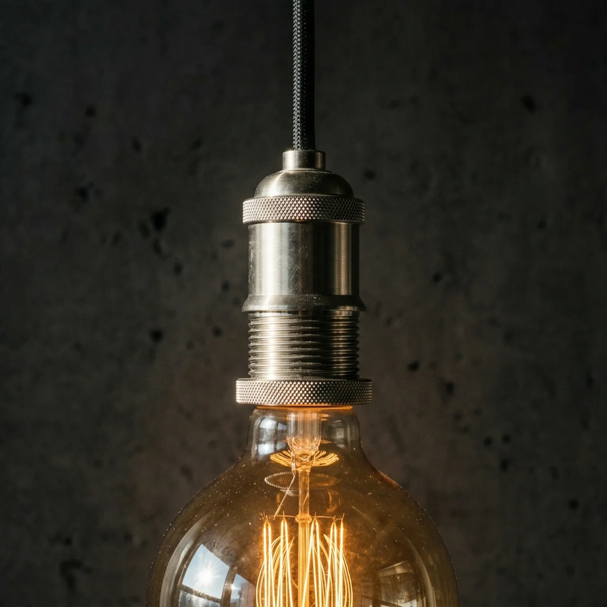 Industrial satin nickel E27 light bulb holder with knurled metal finish and earth wire for secure wiring installation