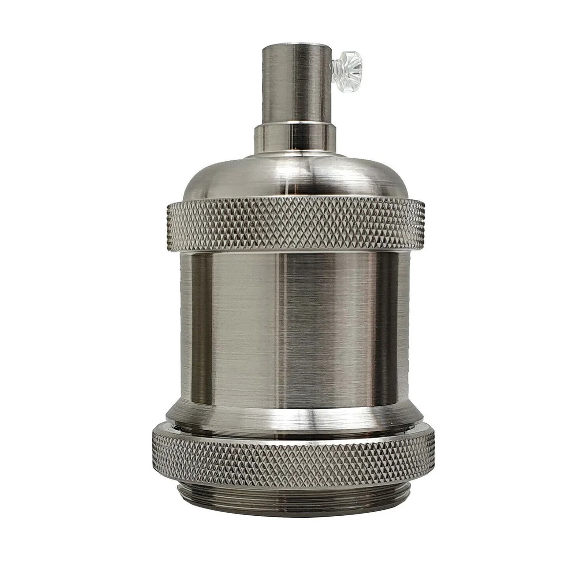 Industrial satin nickel lamp holder with E27 base, knurled metal finish, and attached blue, brown, green/yellow wires