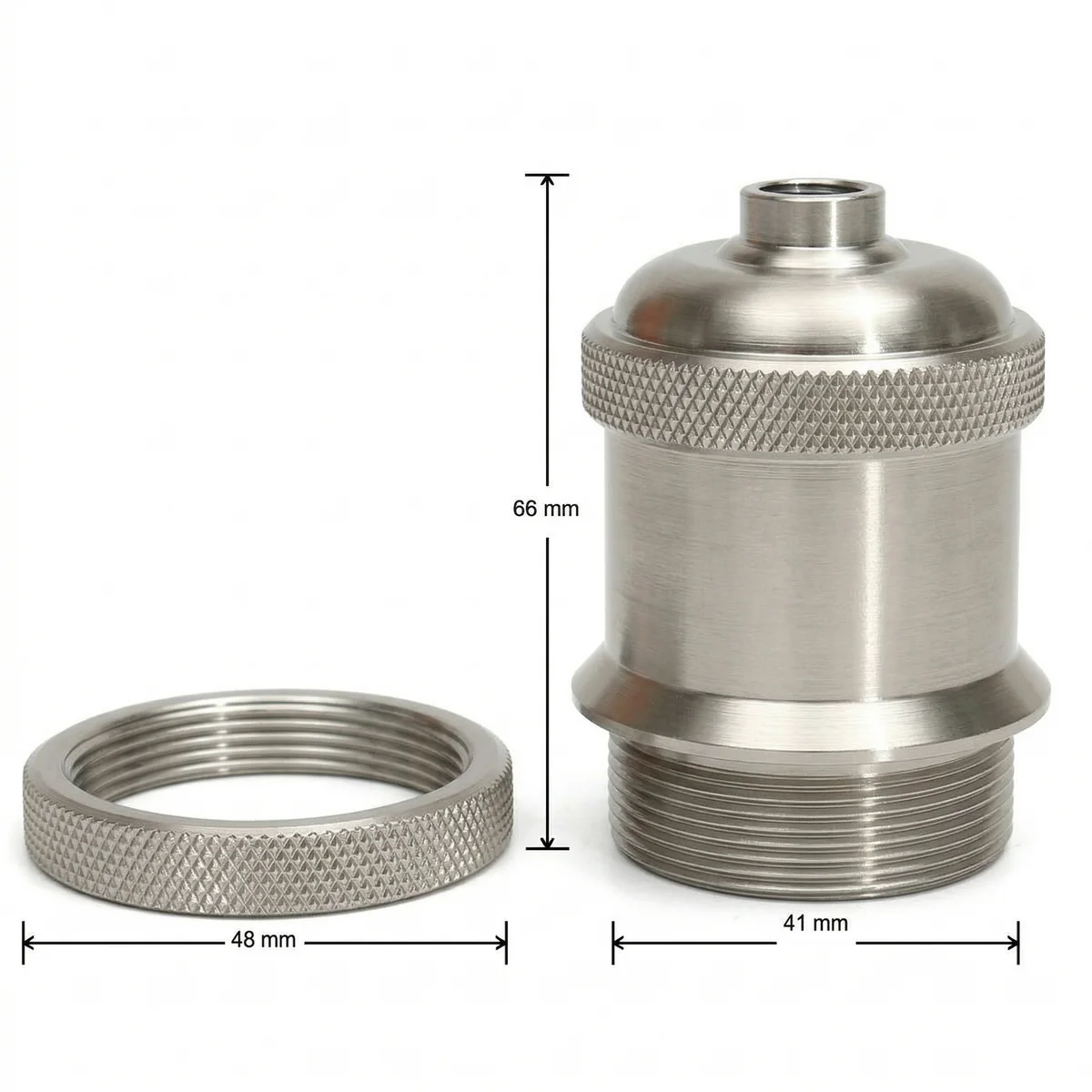 Industrial metal lamp holder in satin nickel with E27 base and earth wire, showing knurled grip and wiring terminals