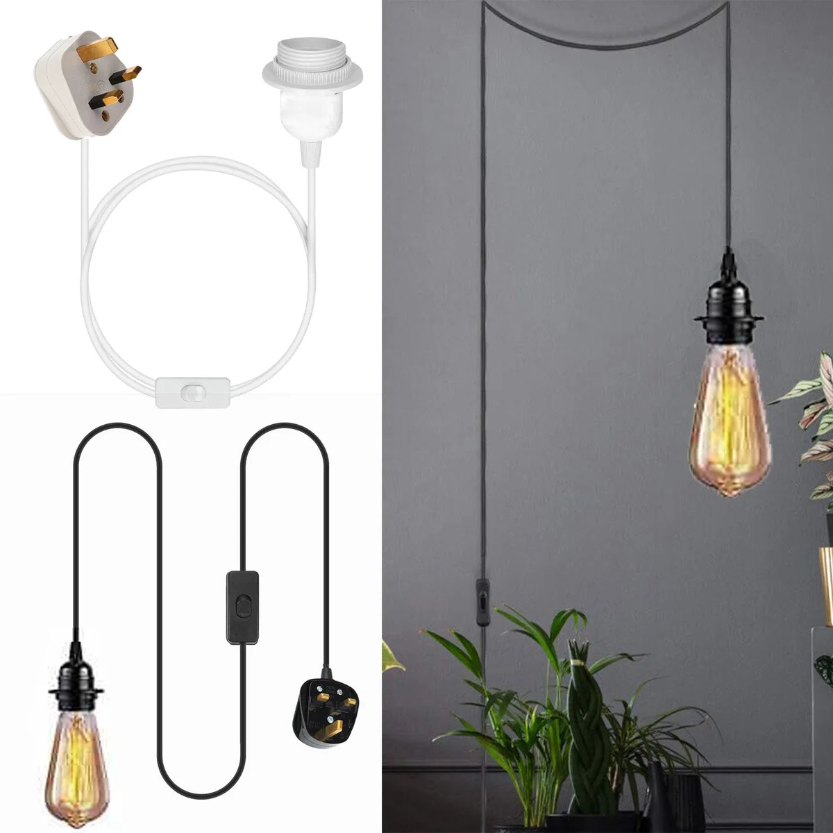 Black and white 2m E27 plug in light bulb kit with inline switch and UK 3-pin plug, including lampshade collar