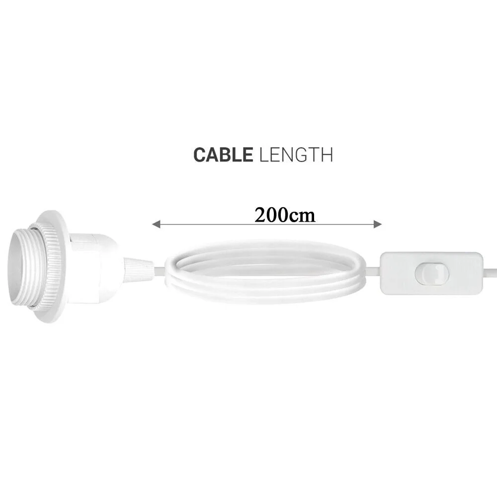 2 meter light bulb kit with black rubber cable, E27 lamp holder, inline switch, and UK 3-pin plug in black and white colors