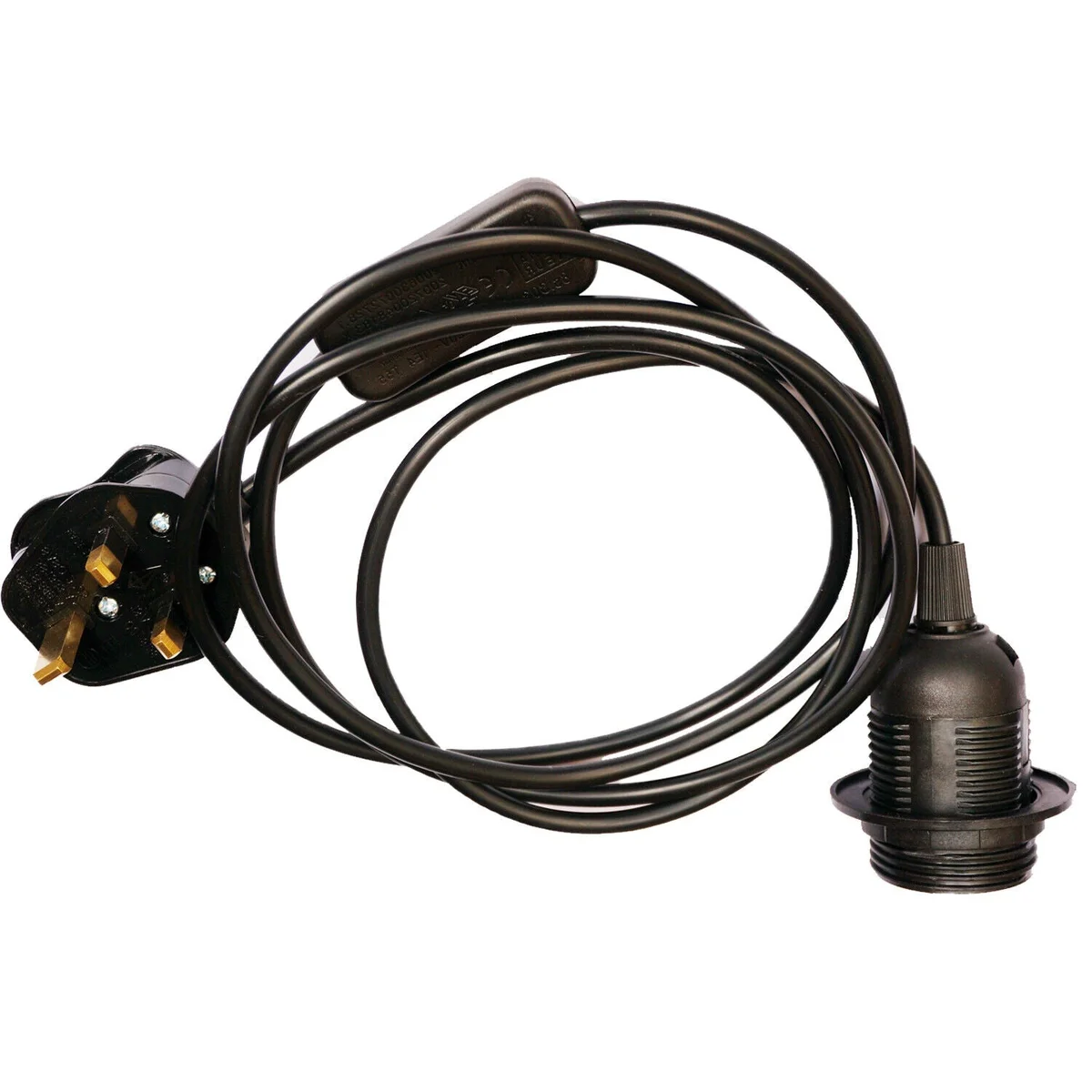 Black E27 plug in light bulb kit with 2m rubber cable, inline switch, and 3-pin UK plug for table lamps