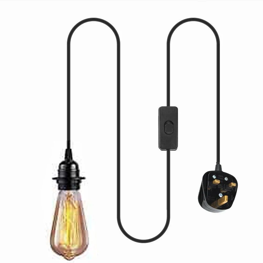 Black 2m E27 plug in light bulb kit with inline switch, UK 3-pin plug, and lampshade collar for table lamp use