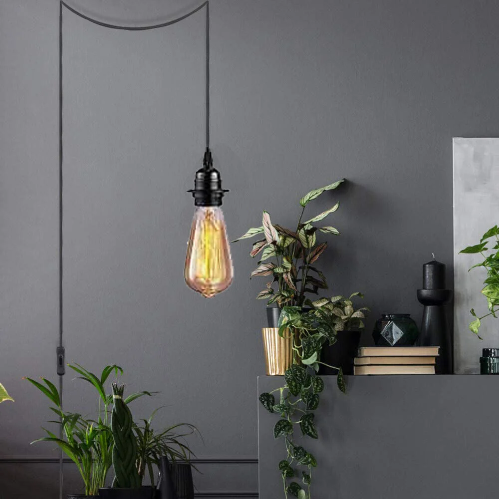 Black 2m E27 plug in light bulb kit with inline switch and UK 3-pin plug for desk or table lamp use
