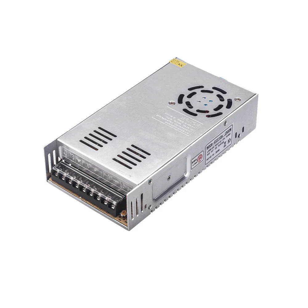 Aluminium AC to DC converter with honeycomb ventilation, cooling fan, and screw terminal connections for 12V DC output