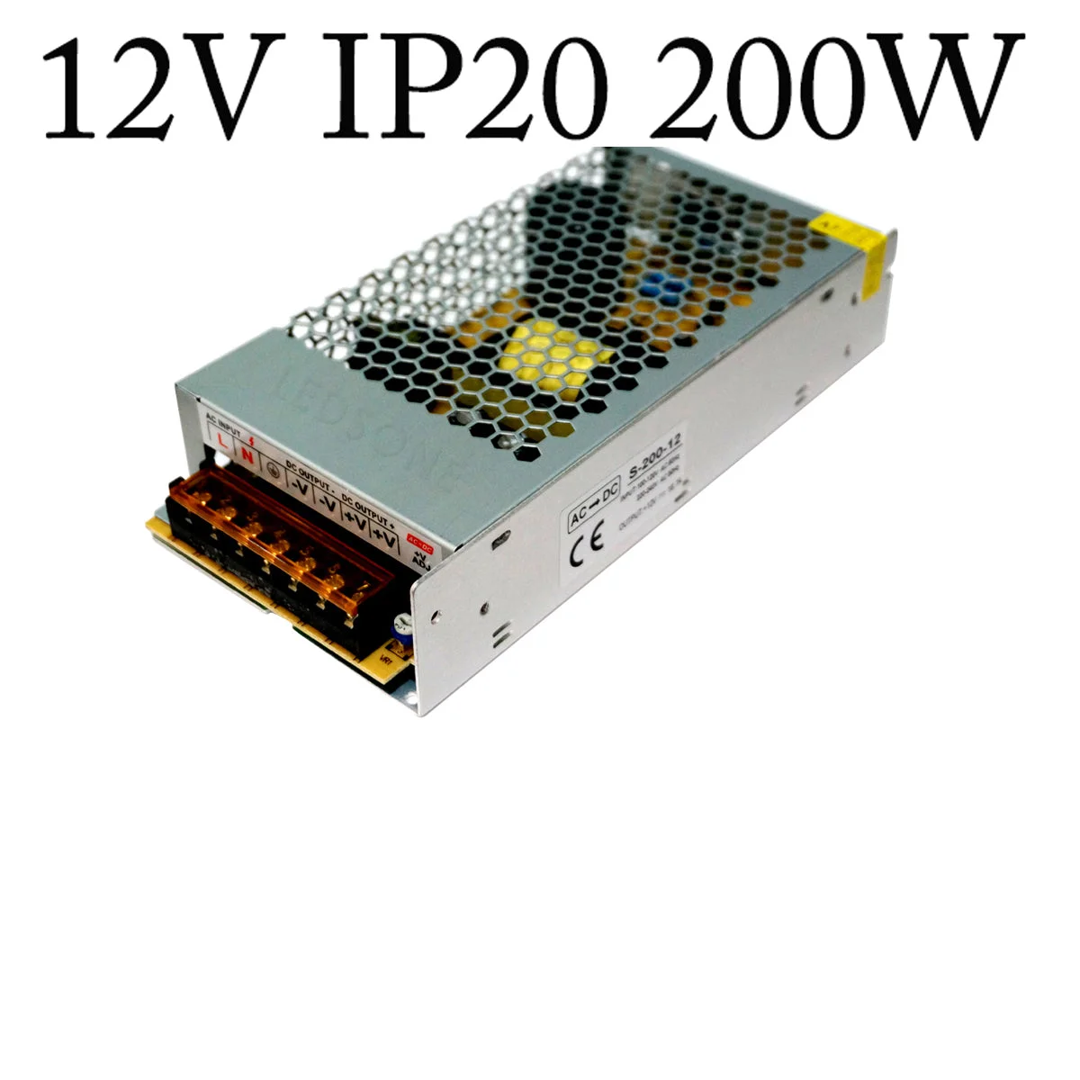 12V DC power supply with aluminium honeycomb casing, cooling fan, and screw terminal connections for secure wiring