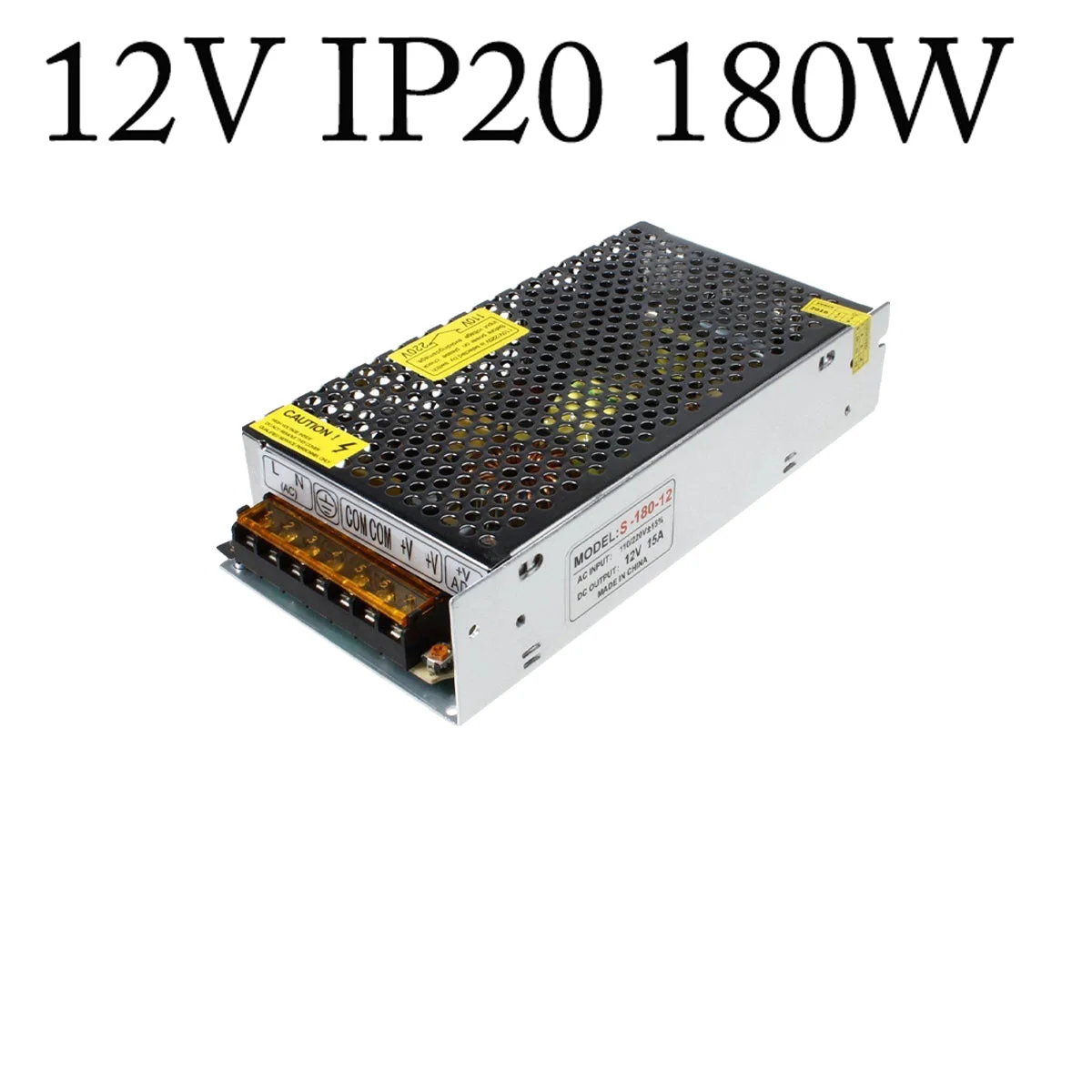 12V DC power supply with aluminium alloy housing, honeycomb ventilation, cooling fan, and screw terminal connections