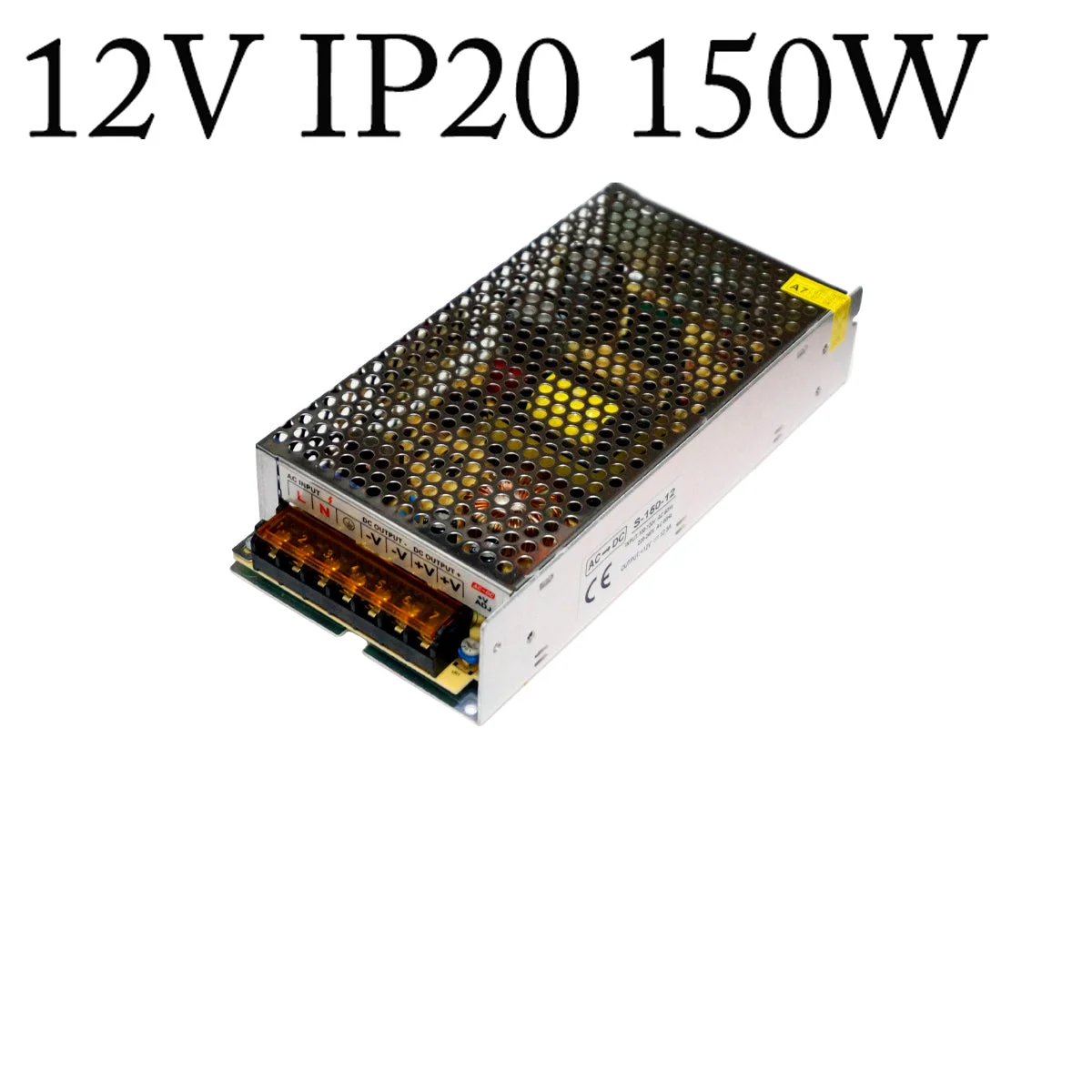 12V DC power supply with aluminium alloy honeycomb casing, cooling fan, and screw terminal connections for industrial use