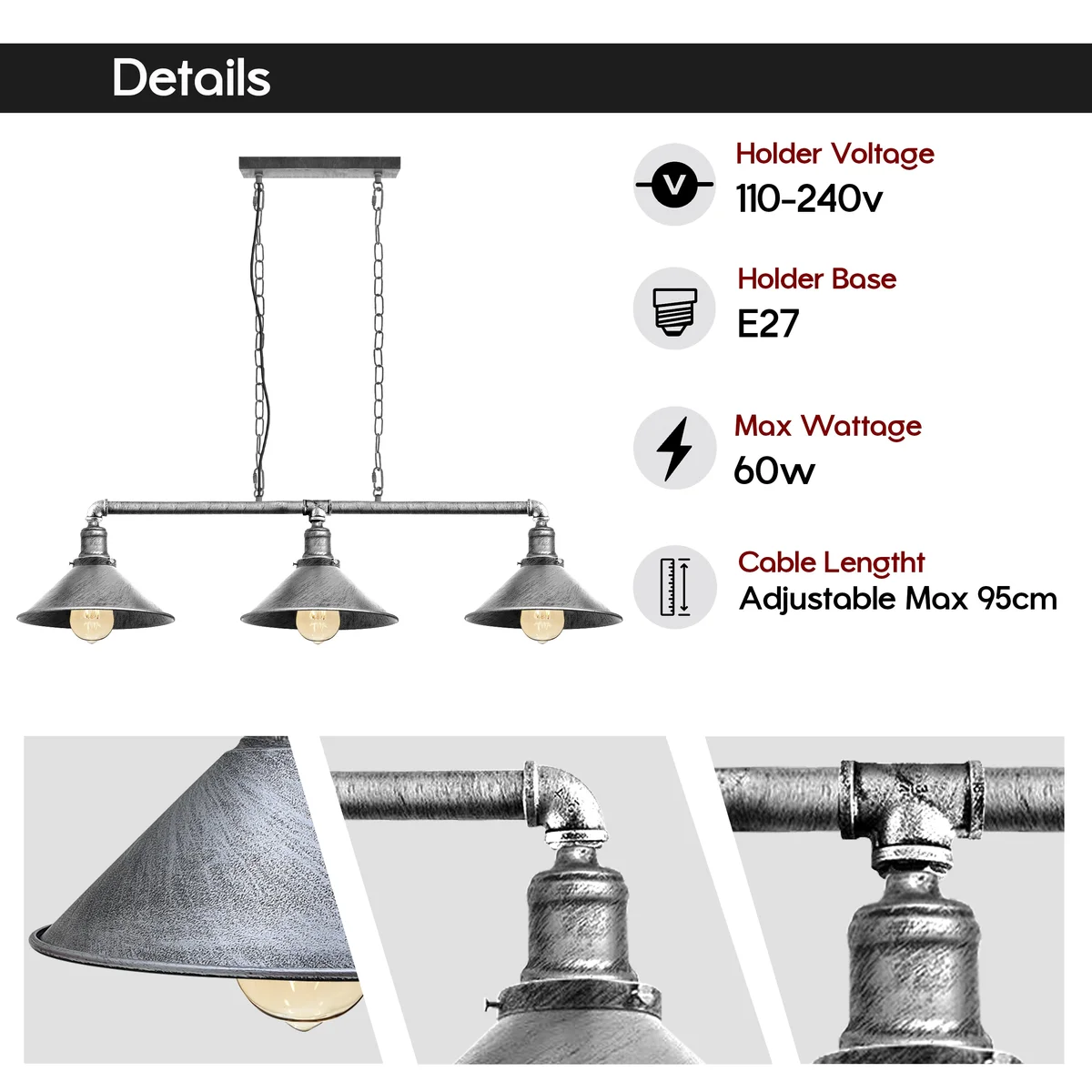 Vintage ceiling lamp with black metal steampunk design, three lamp heads suspended from ceiling, rustic industrial look.