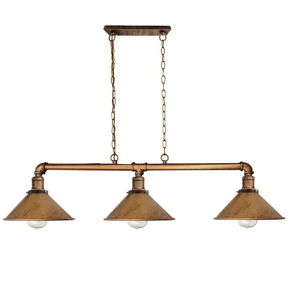Steampunk ceiling light with black metal pipe frame and three scone cup lamps, hanging low over a rustic kitchen table.