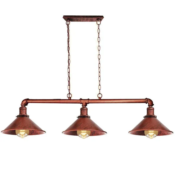 Steampunk ceiling light with three metal cup holders on a black pipe frame, hanging low, suitable for kitchen or dining.