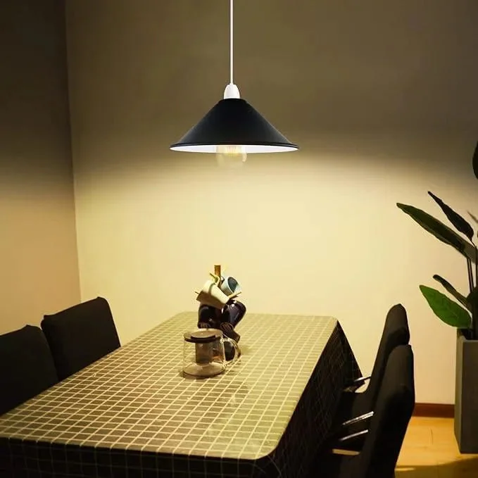 Retro metal ceiling light shade in cone shape, 22cm diameter, shiny black finish, easy fit for E27 bulbs indoors