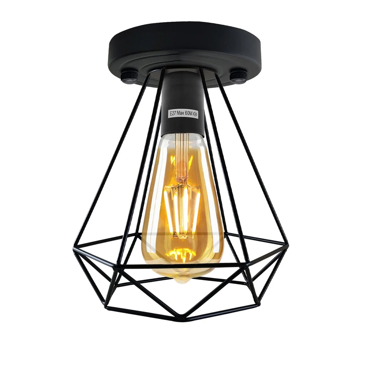 Modern black wire cage light with diamond-shaped metal frame and round ceiling rose, semi flush mount design