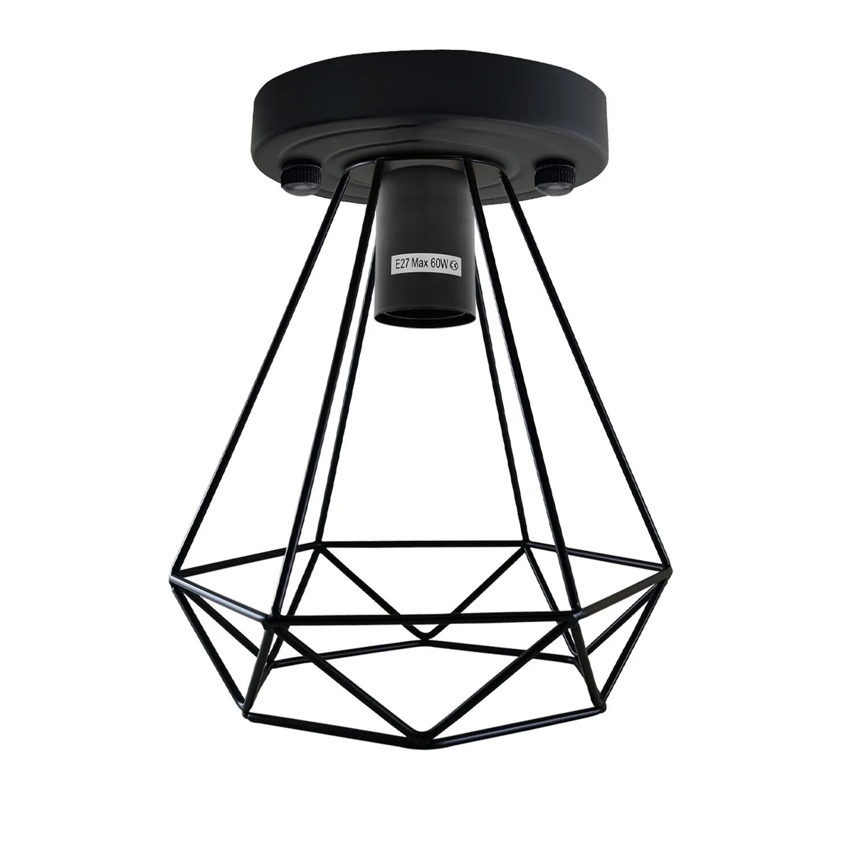 Black metal diamond shape ceiling lamp with wire cage design and round ceiling rose, semi flush mount style
