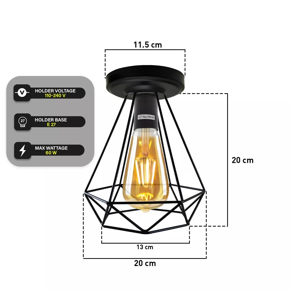Black wire cage semi flush mount light with diamond shape design and metal ceiling rose against white background