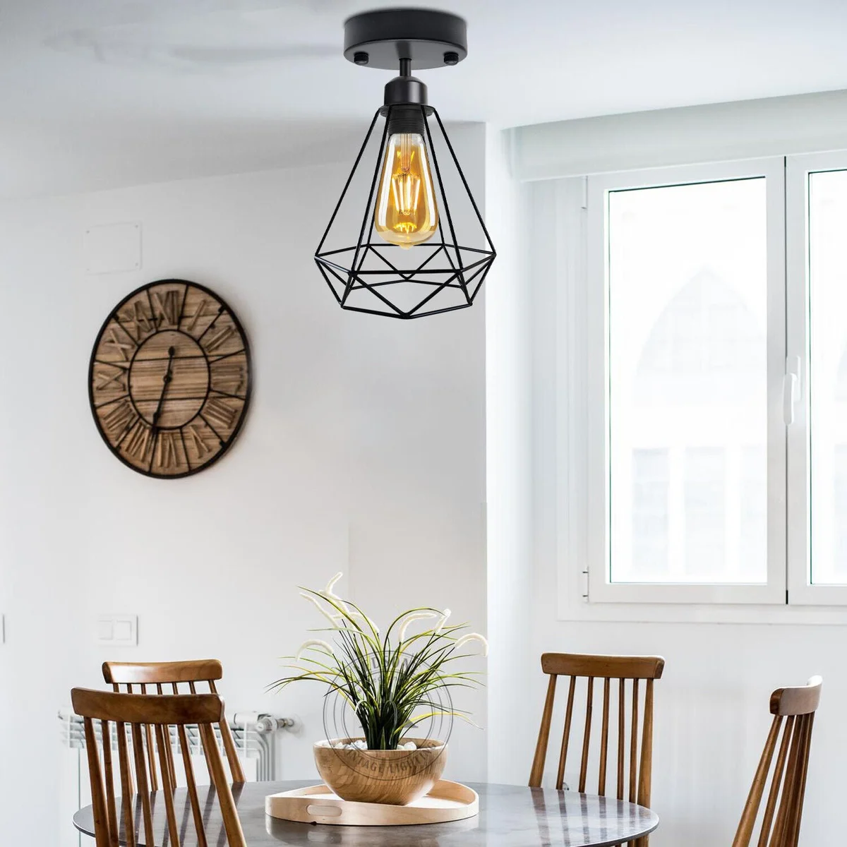 Black metal diamond wire cage industrial style ceiling light with round ceiling rose, semi flush mount design