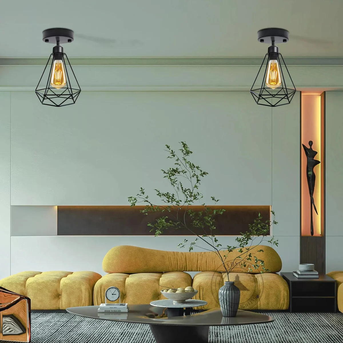 Black diamond-shaped wire cage semi flush mount lamp with metal ceiling rose and E27 ceiling light fitting visible