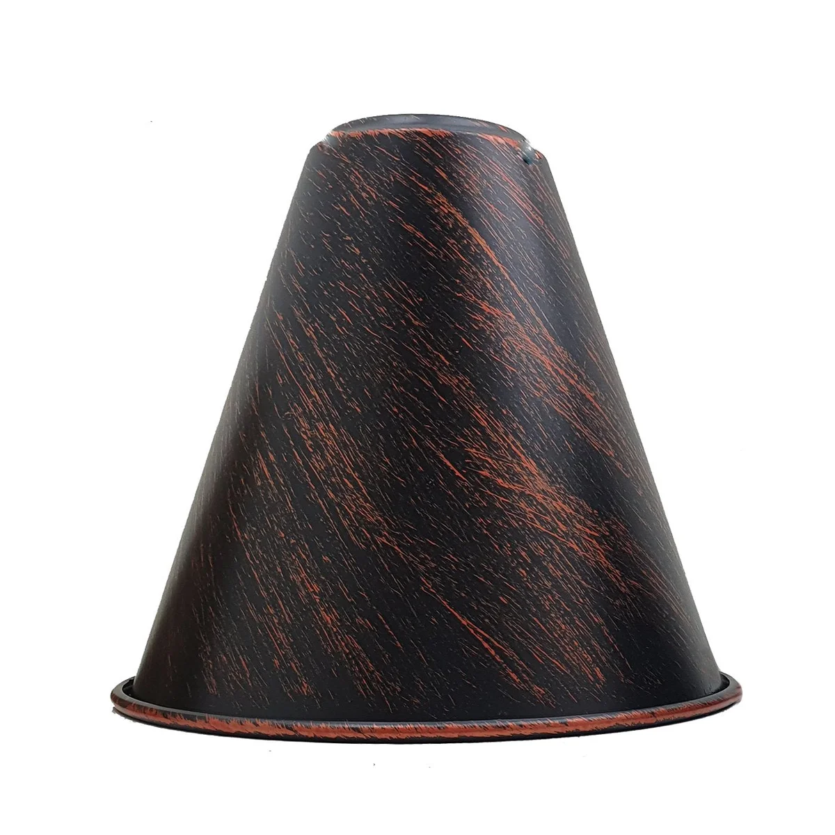 Black metal industrial ceiling lamp shade with concrete effect finish hanging from ceiling fixture