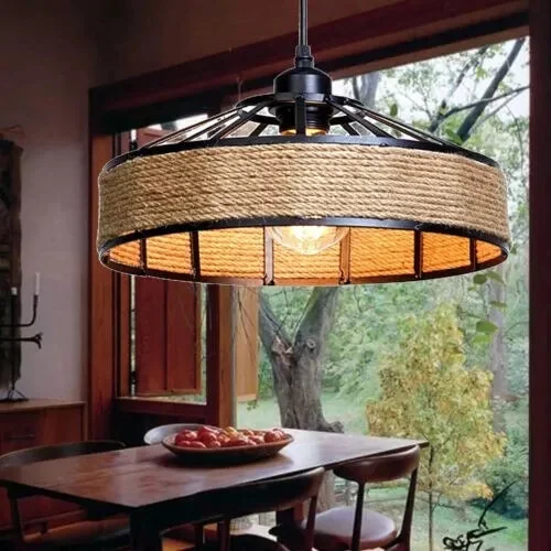 Natural hemp lampshade with rattan-style boho design, handcrafted for warm, rustic home décor and E27 base fitting