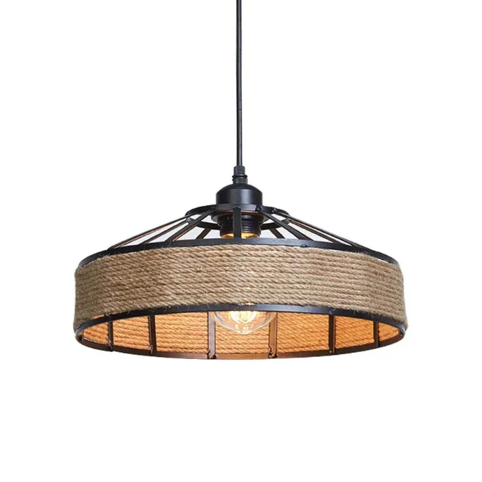 Natural hemp lampshade with rattan-style boho design hanging in a cozy, rustic home setting with warm lighting