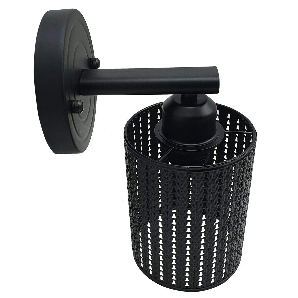 Modern industrial retro wire cage E27 wall lamp with metal shade and ceiling rose, shown mounted on a white wall