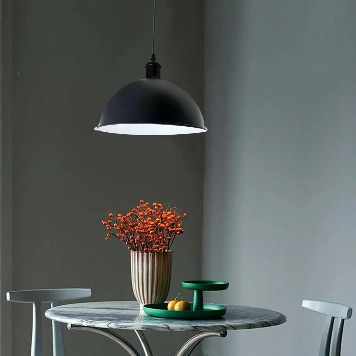 Modern ceiling lamp shade in dome shape, metal construction with white interior, 40cm diameter, indoor use only