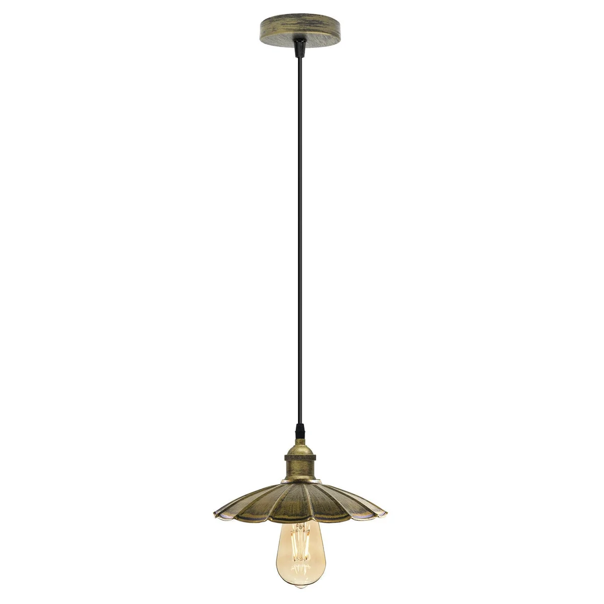 Black vintage industrial E27 pendant light with metal shade and 95cm PVC cable hanging against white background
