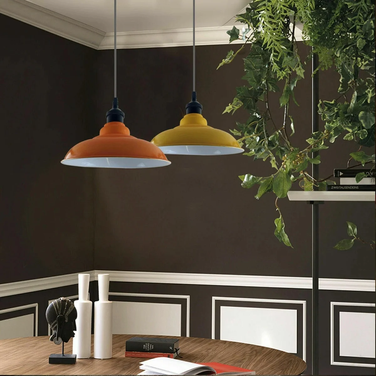 Red vintage industrial pendant light with dome metal shade and adjustable angled base for sloped ceilings
