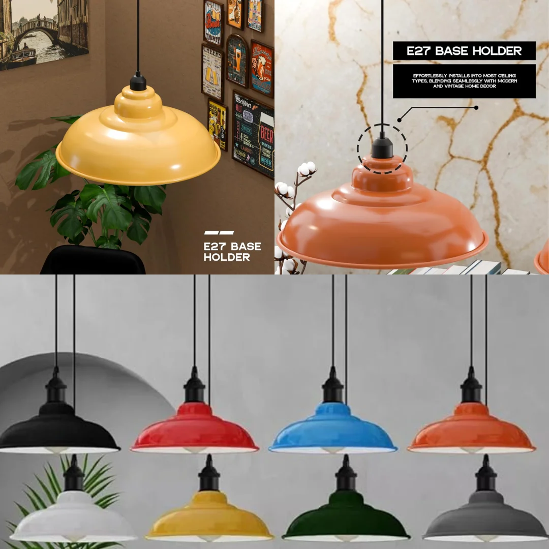 Red vintage industrial metal pendant light with angled hood hanging over kitchen island lighting setup