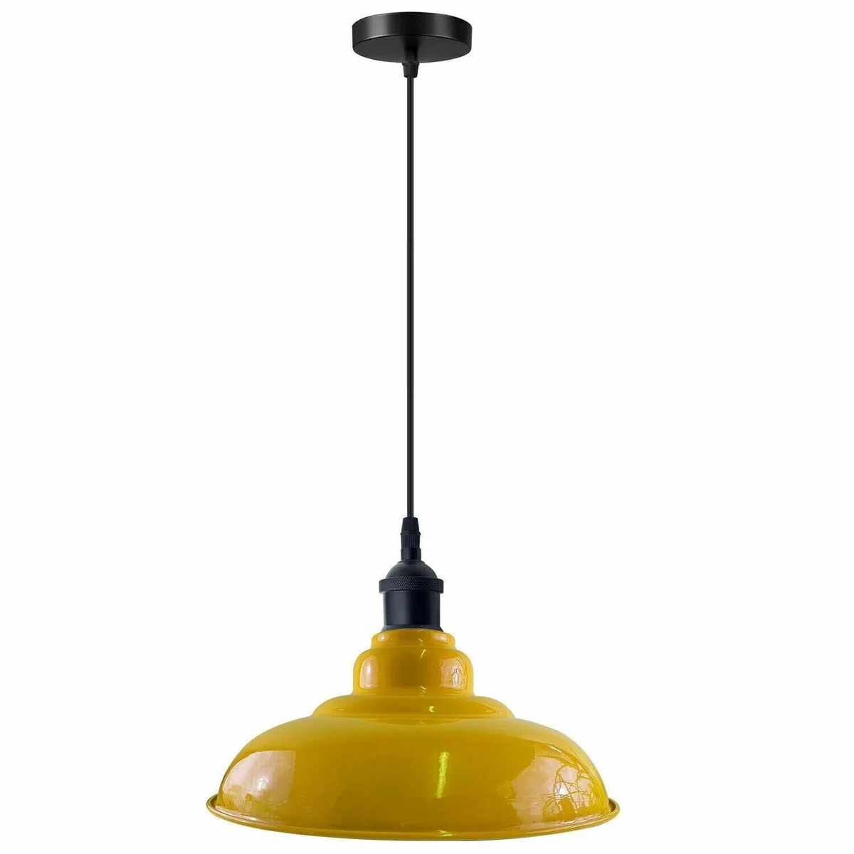 Red vintage industrial pendant light with angled metal dome shade and 95cm cable hanging from ceiling plate