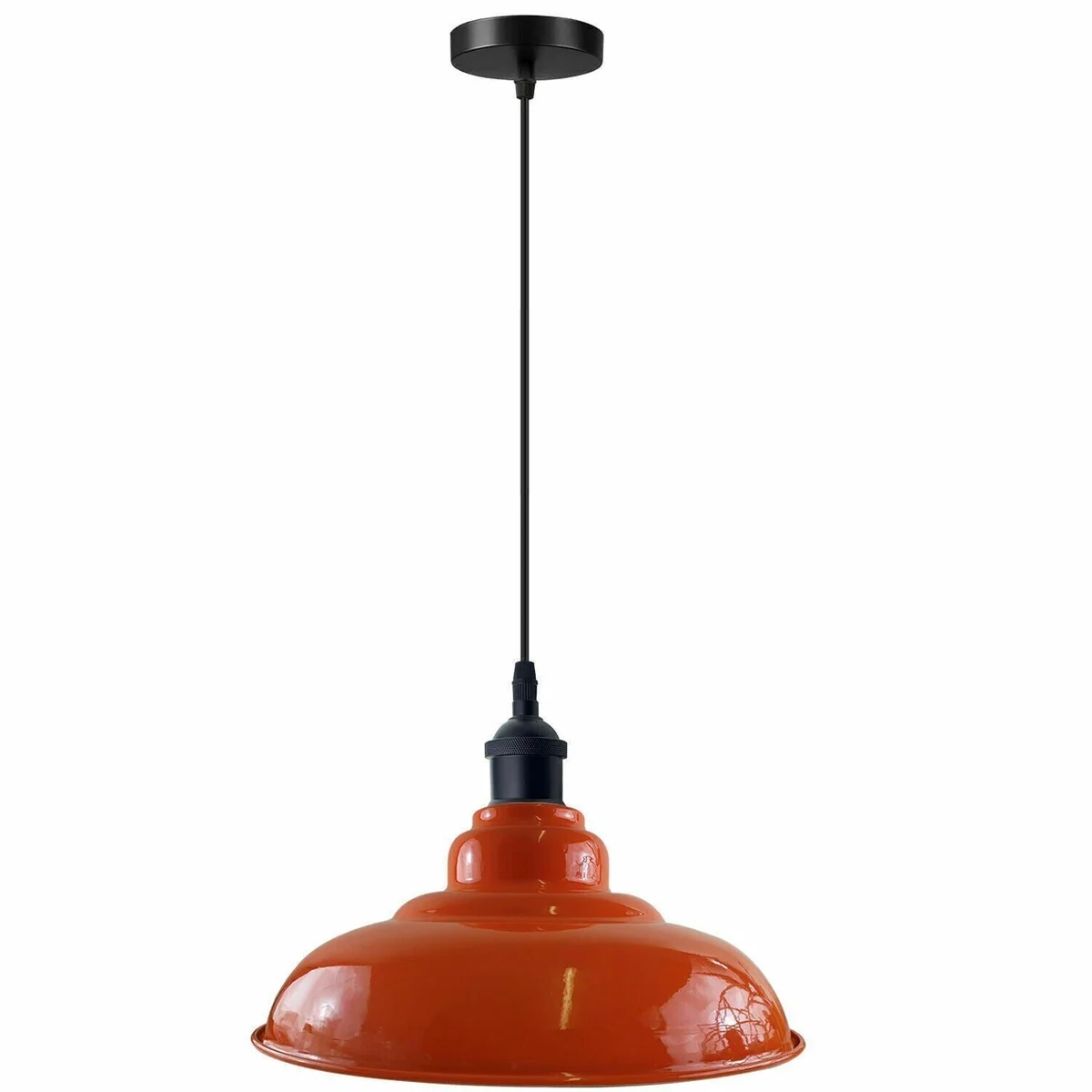 Red vintage industrial pendant light with angled metal dome shade and 95cm cable hanging from ceiling plate