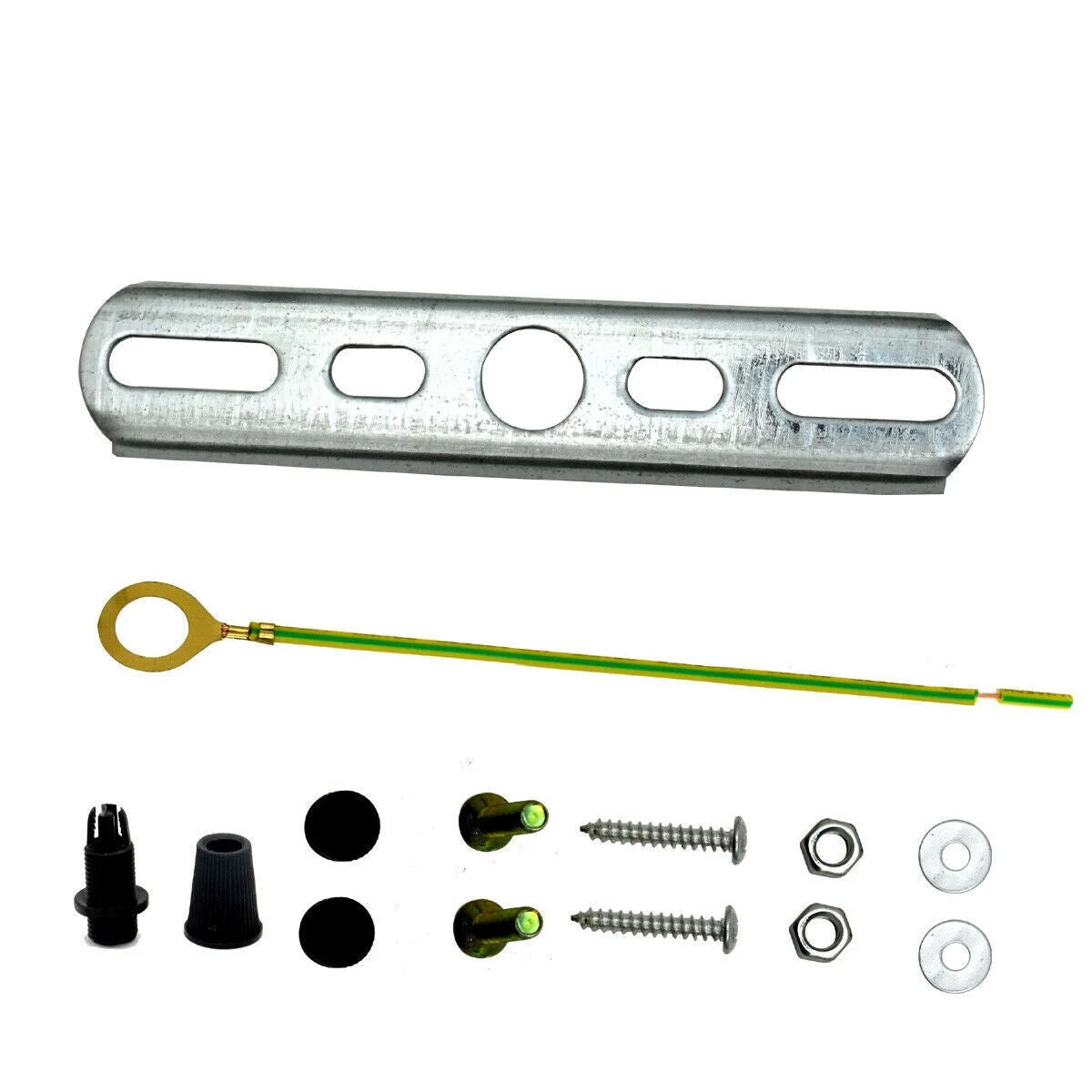 Silver metal ceiling light plate kit with mounting bracket, screws, nuts, and wall plugs for ceiling lamp installation