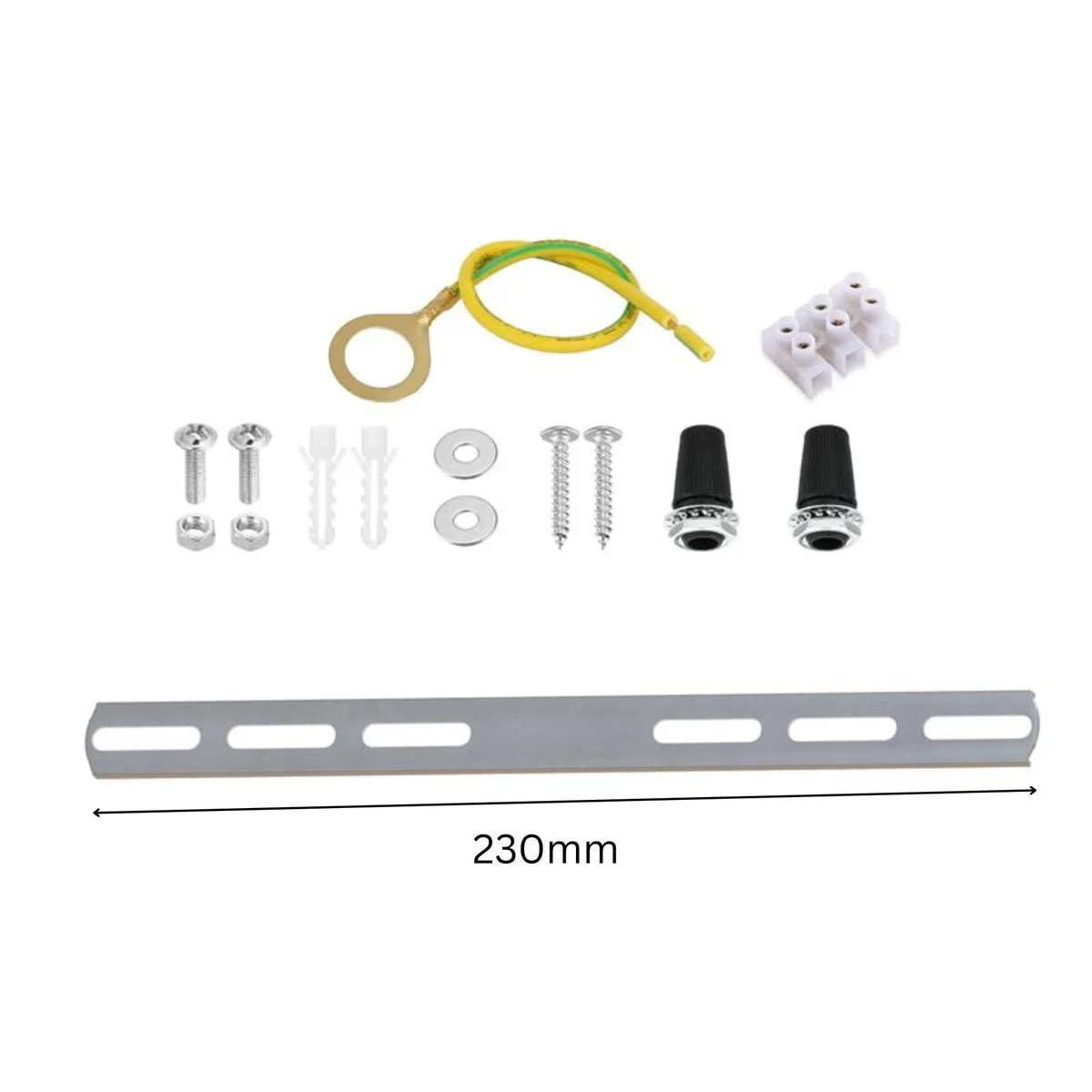 Silver metal ceiling plate with screws, nuts, wall plugs, and earth lead for ceiling lamp accessories installation